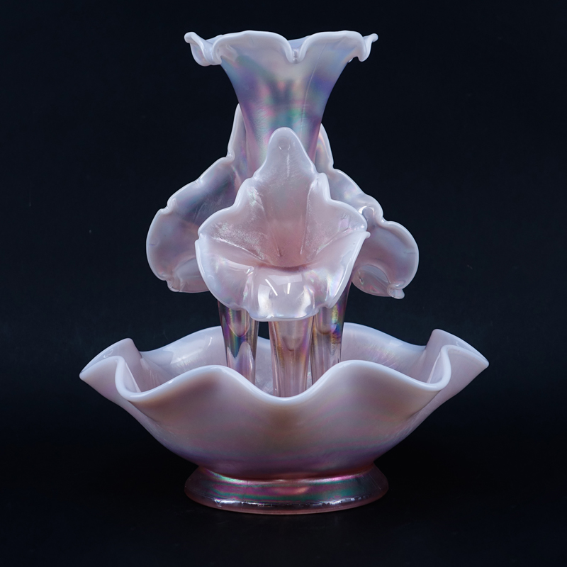 Fenton 4 Horn Iridescent Glass Epergne. One horn has a chip to the bottom portion of the stem (not visible).