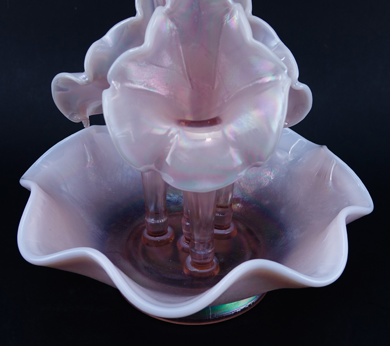 Fenton 4 Horn Iridescent Glass Epergne. One horn has a chip to the bottom portion of the stem (not visible).