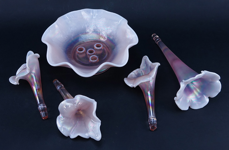 Fenton 4 Horn Iridescent Glass Epergne. One horn has a chip to the bottom portion of the stem (not visible).