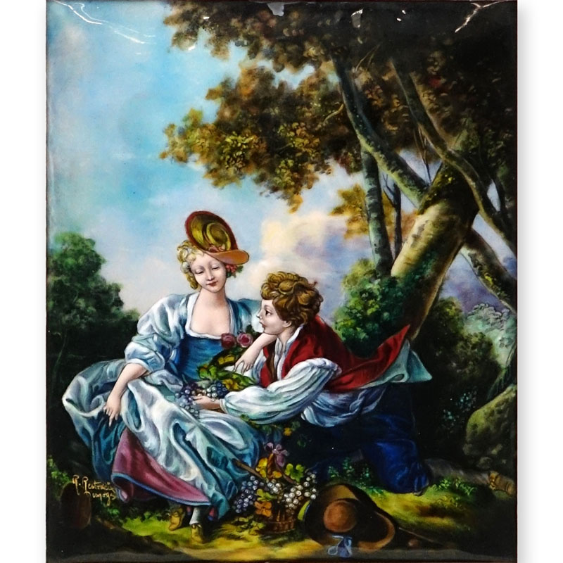 Limoges Enamel Painting On Copper "L'Automne (d'apres Boucher)". Signed R. Restoueix.