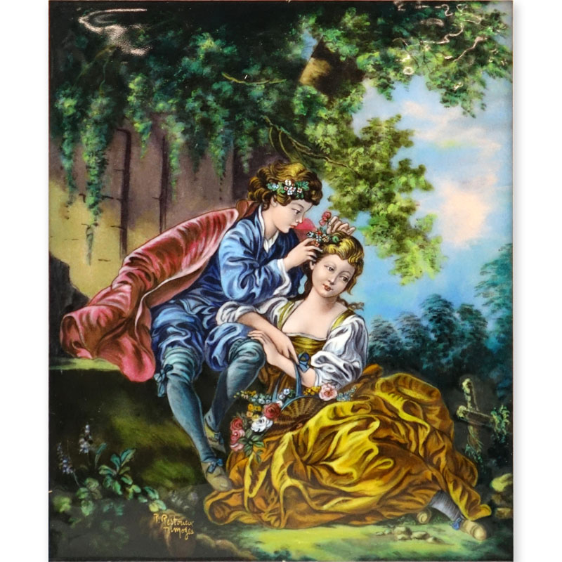 Limoges Enamel Painting On Copper "Le Printemps (d'apres Boucher)". Signed R. Restoueix.