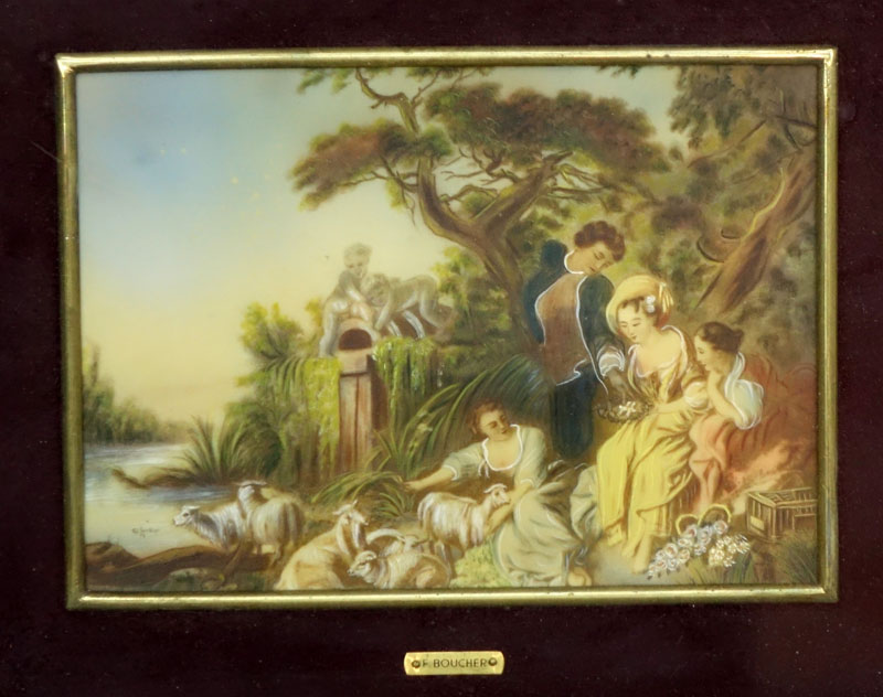 Pair Mid-Century Italian Hand Painted Miniature Paintings On Celluloid. Each depicts a famous painting by F. Boucher.