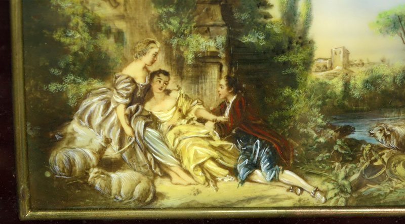 Pair Mid-Century Italian Hand Painted Miniature Paintings On Celluloid. Each depicts a famous painting by F. Boucher.