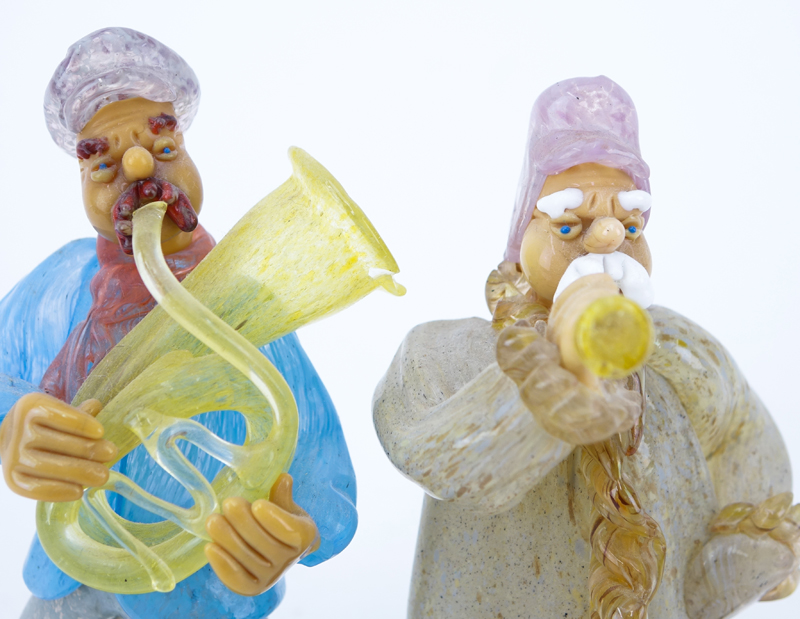 Two (2) Czechoslovakian hand blown art glass musician figures.