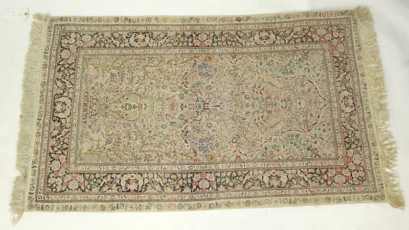 Semi Antique Persian Style Silk Rug. Wear consistent with age, discoloration, wear to fringes, needs cleaning. 