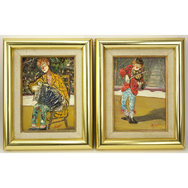 Giuseppe Fryda (20th C) 2 Oil on canvas "Clowns". Signed lower right, Gallerie de L'Av A. Renoir stamp en verso.