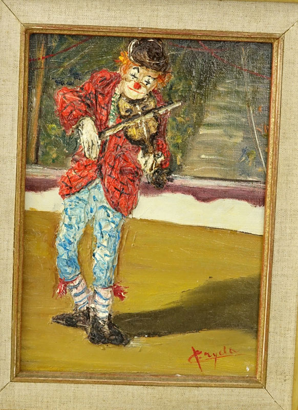 Giuseppe Fryda (20th C) 2 Oil on canvas "Clowns". Signed lower right, Gallerie de L'Av A. Renoir stamp en verso.