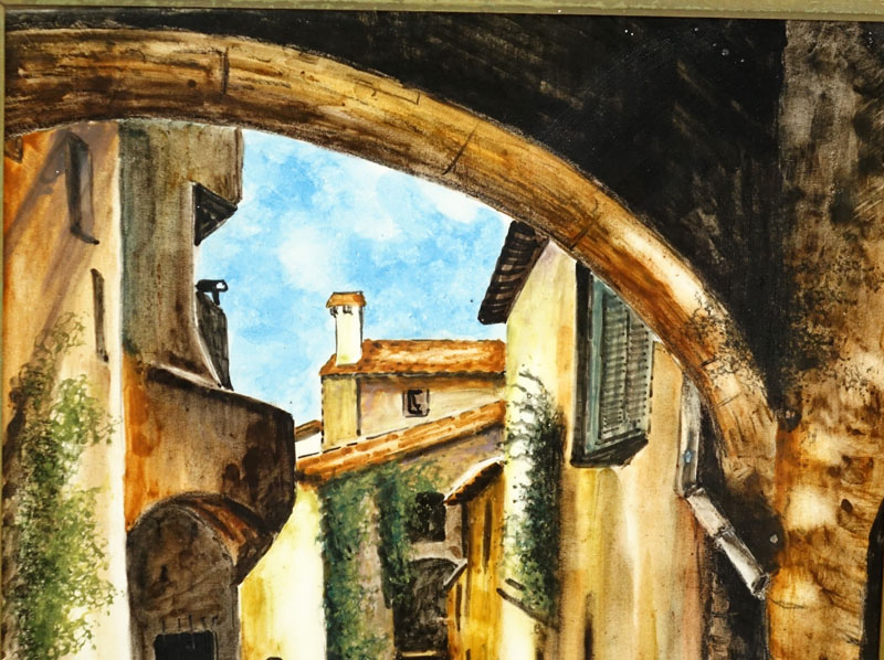 Georges Tardieu, (b.1927- ) Painting on porcelain "Street In Biot". Signed lower left, inscribed en verso.