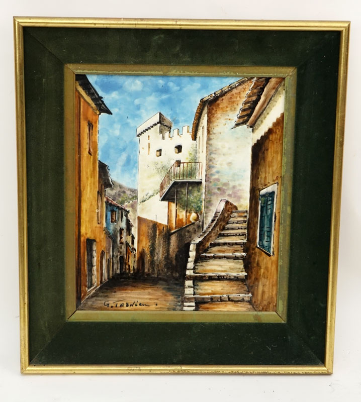 Georges Tardieu, (b.1927- ) Painting on porcelain "Street In Biot". 