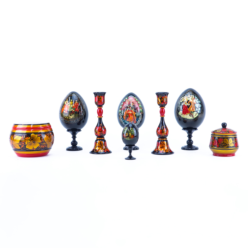 Collection of Eight (8) Russian Handpainted Lacquer Decorative Objects.