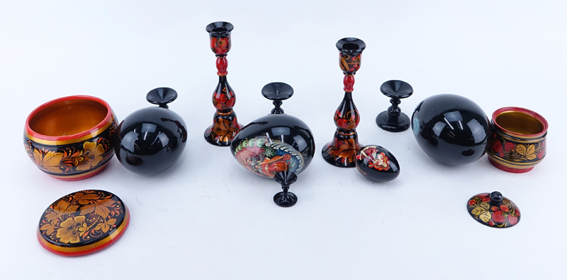 Collection of Eight (8) Russian Handpainted Lacquer Decorative Objects.