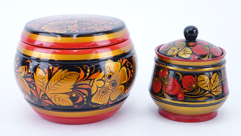 Collection of Eight (8) Russian Handpainted Lacquer Decorative Objects.