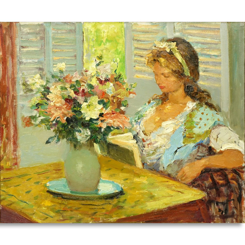 Marcel Dyf, French (1899 - 1985) Oil on canvas " Girl Reading At Table With Vase Of Flowers" Signed lower right.