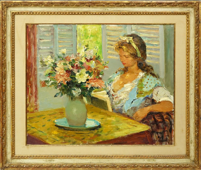 Marcel Dyf, French (1899 - 1985) Oil on canvas " Girl Reading At Table With Vase Of Flowers" Signed lower right.