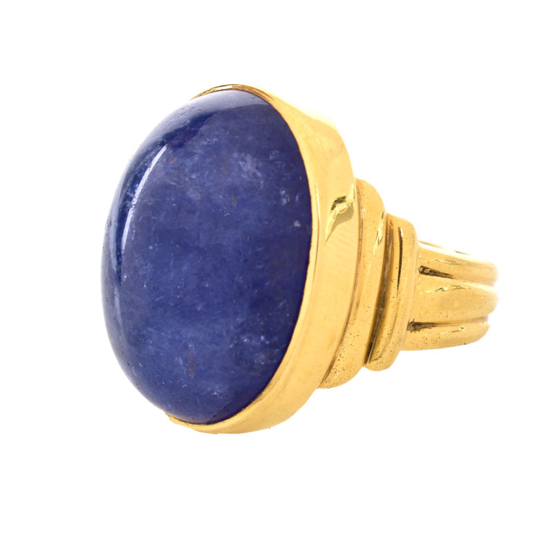 Vintage Approx. 30.0-35.0 Carat Oval Cabochon Tanzanite and 18 Karat Yellow Gold Ring.