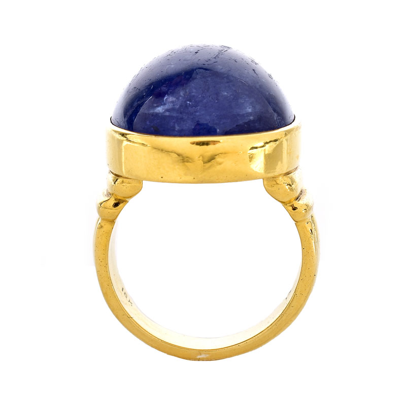 Vintage Approx. 30.0-35.0 Carat Oval Cabochon Tanzanite and 18 Karat Yellow Gold Ring.