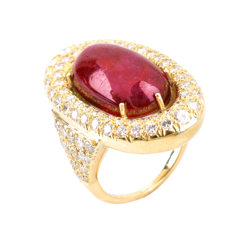 Vintage Approx. 15.0 Carat Oval Cabochon Ruby, 3.0 Carat Pave Set Round Brilliant Cut Diamond and 18 Karat Yellow Gold Ring.