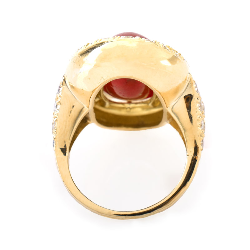 Vintage Approx. 15.0 Carat Oval Cabochon Ruby, 3.0 Carat Pave Set Round Brilliant Cut Diamond and 18 Karat Yellow Gold Ring.