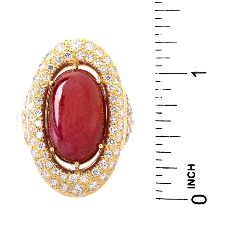 Vintage Approx. 15.0 Carat Oval Cabochon Ruby, 3.0 Carat Pave Set Round Brilliant Cut Diamond and 18 Karat Yellow Gold Ring.