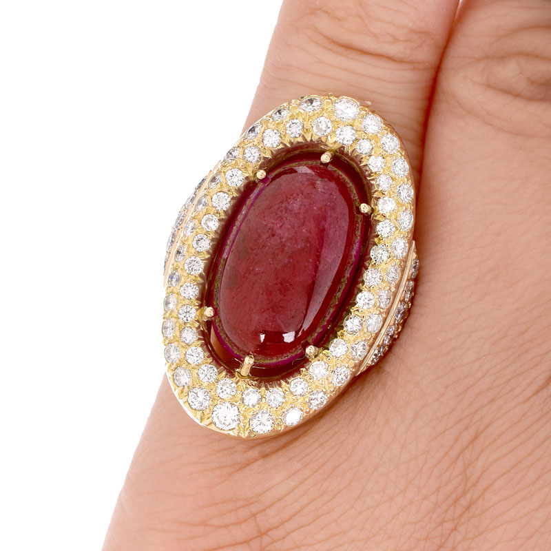 Vintage Approx. 15.0 Carat Oval Cabochon Ruby, 3.0 Carat Pave Set Round Brilliant Cut Diamond and 18 Karat Yellow Gold Ring.