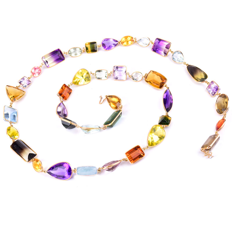 Vintage Multi-cut Multi-color Semi-Precious Gemstone and 18 Karat Yellow Gold Necklace.