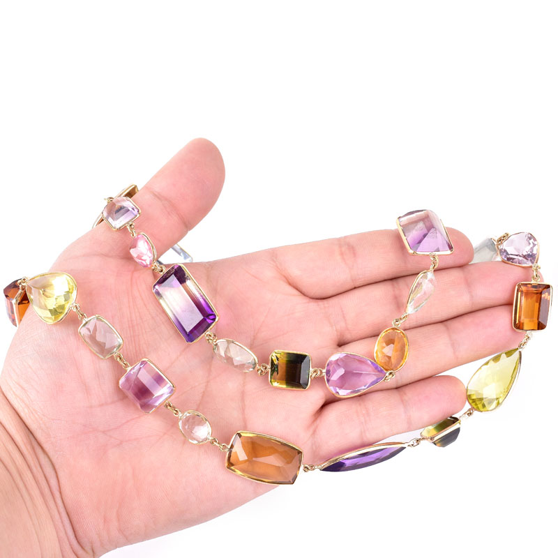 Vintage Multi-cut Multi-color Semi-Precious Gemstone and 18 Karat Yellow Gold Necklace.