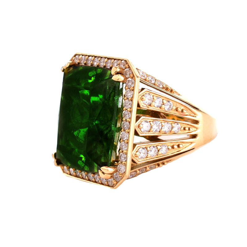 Approx. 22.0 Carat Emerald Cut Green Tourmaline, 2.0 Carat Pave Set Round Brilliant Cut Diamond and 18 Karat Yellow Gold Ring. 