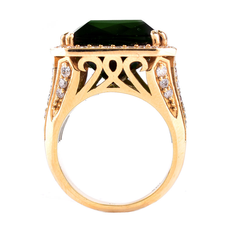 Approx. 22.0 Carat Emerald Cut Green Tourmaline, 2.0 Carat Pave Set Round Brilliant Cut Diamond and 18 Karat Yellow Gold Ring. 