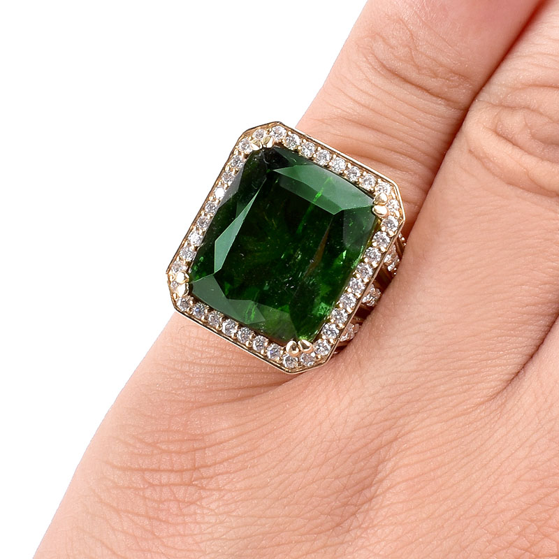 Approx. 22.0 Carat Emerald Cut Green Tourmaline, 2.0 Carat Pave Set Round Brilliant Cut Diamond and 18 Karat Yellow Gold Ring. 