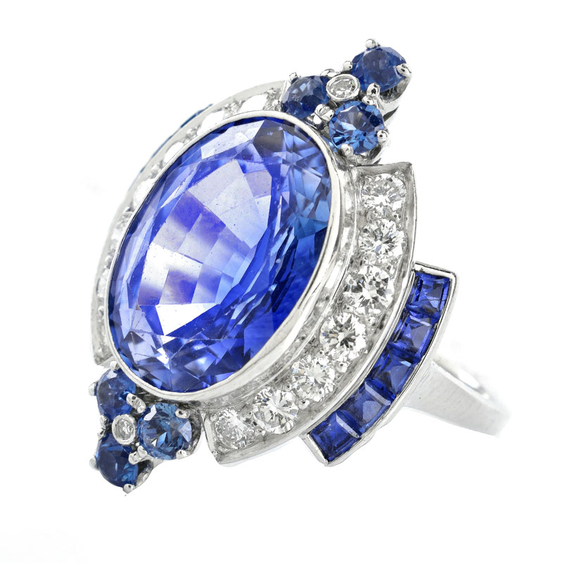 Art Deco Oval Cut Sapphire, Approx. 1.0 Carat Round Brilliant Cut Diamond and Platinum Ring. Diamonds G-H color, VS1 clarity.