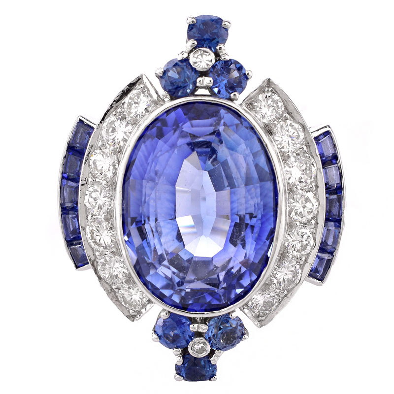 Art Deco Oval Cut Sapphire, Approx. 1.0 Carat Round Brilliant Cut Diamond and Platinum Ring. Diamonds G-H color, VS1 clarity.