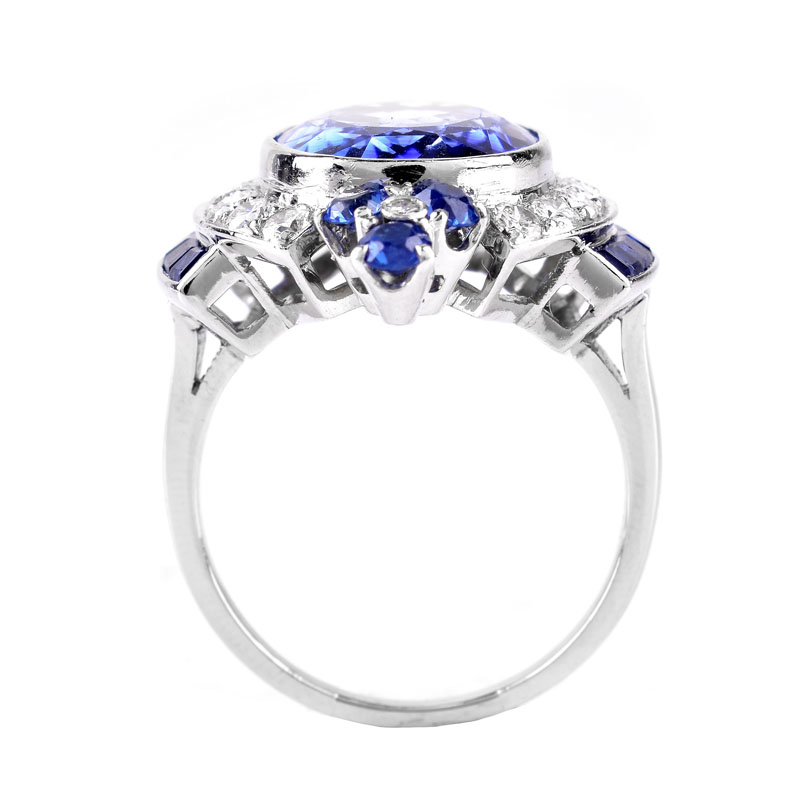 Art Deco Oval Cut Sapphire, Approx. 1.0 Carat Round Brilliant Cut Diamond and Platinum Ring. Diamonds G-H color, VS1 clarity.