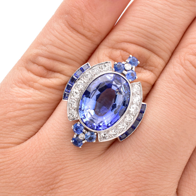 Art Deco Oval Cut Sapphire, Approx. 1.0 Carat Round Brilliant Cut Diamond and Platinum Ring. Diamonds G-H color, VS1 clarity.