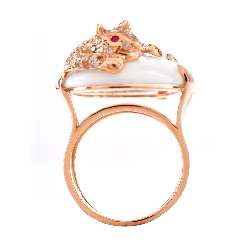 Approx. 1.50 Carat Pave Set Round Brilliant Cut Diamond, White Coral and 18 Karat Rose Gold Panther Ring. Diamonds H color, SI2 clarity.