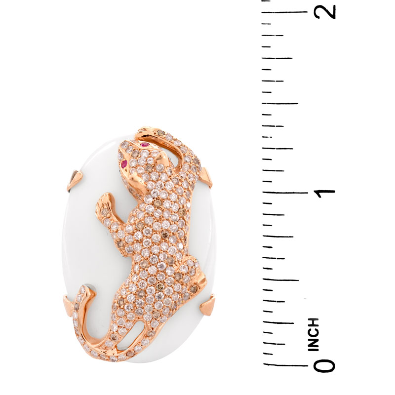 Approx. 1.50 Carat Pave Set Round Brilliant Cut Diamond, White Coral and 18 Karat Rose Gold Panther Ring. Diamonds H color, SI2 clarity.