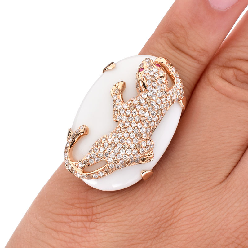 Approx. 1.50 Carat Pave Set Round Brilliant Cut Diamond, White Coral and 18 Karat Rose Gold Panther Ring. Diamonds H color, SI2 clarity.