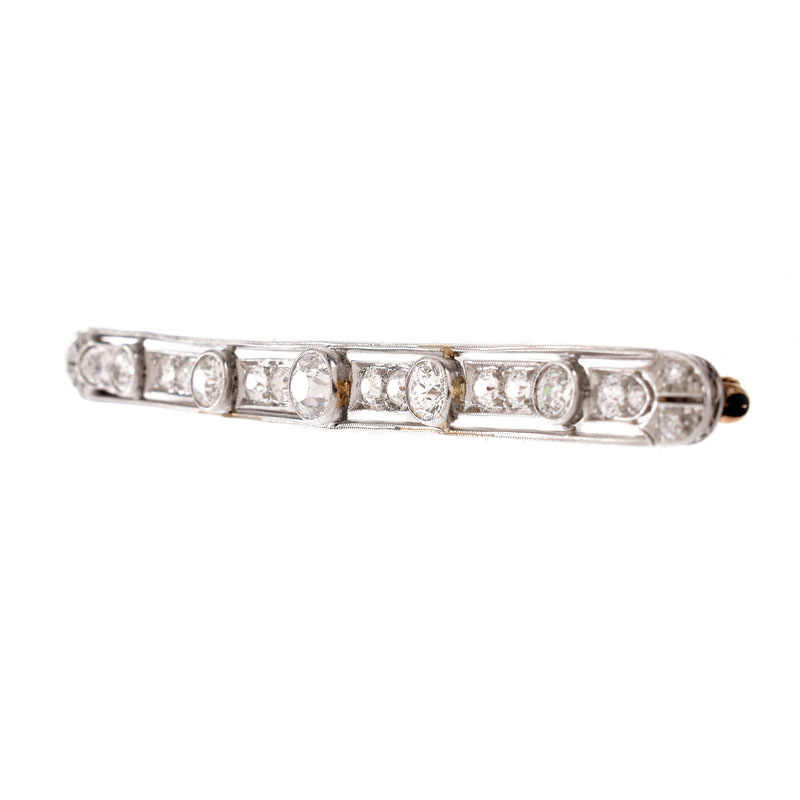 Antique Edwardian Approx.. 2.25 carat Old European Cut Diamond, Platinum and 14 Karat Yellow Gold Bar Brooch.