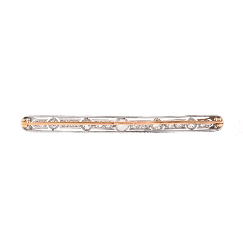 Antique Edwardian Approx.. 2.25 carat Old European Cut Diamond, Platinum and 14 Karat Yellow Gold Bar Brooch.