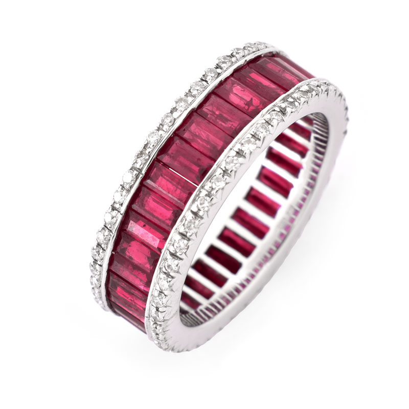 Approx. 3.0 Carat Baguette Cut Ruby, 1.25 Carat Round Brilliant Cut Diamond and 18 Karat White Gold Eternity Band.