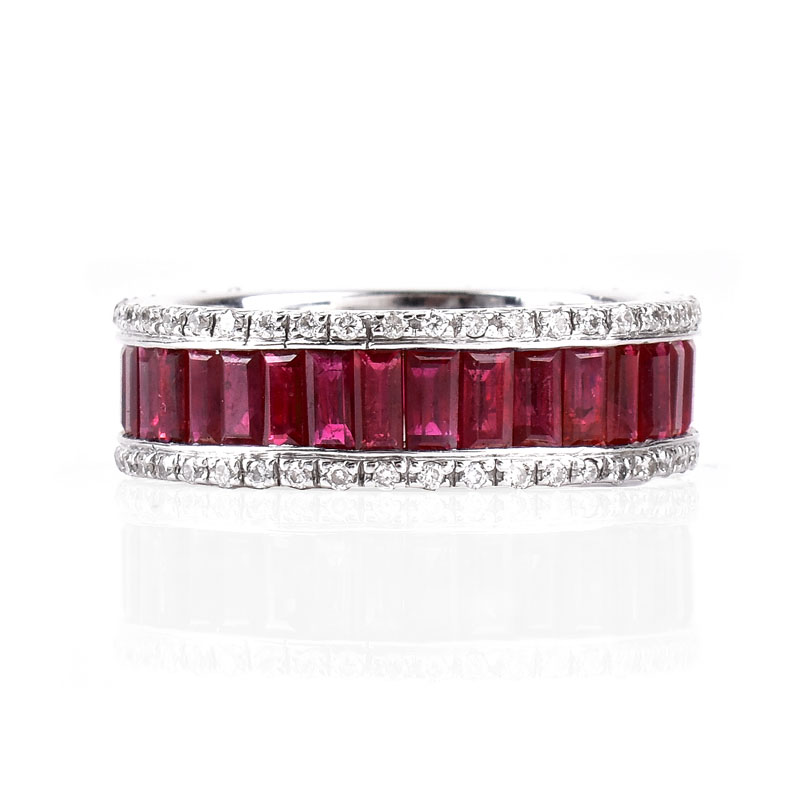 Approx. 3.0 Carat Baguette Cut Ruby, 1.25 Carat Round Brilliant Cut Diamond and 18 Karat White Gold Eternity Band.