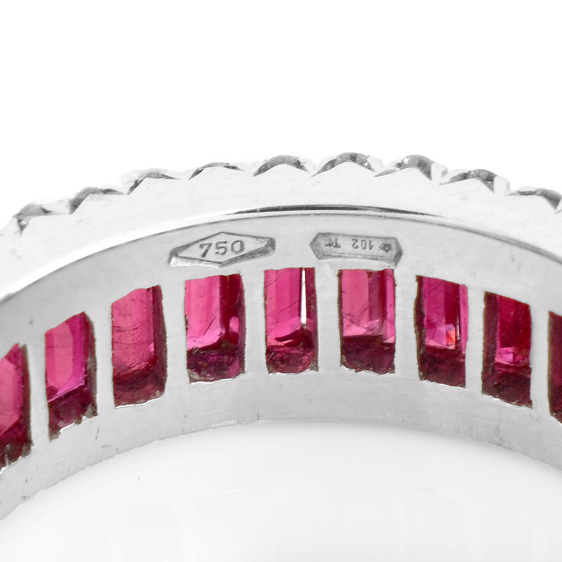 Approx. 3.0 Carat Baguette Cut Ruby, 1.25 Carat Round Brilliant Cut Diamond and 18 Karat White Gold Eternity Band.