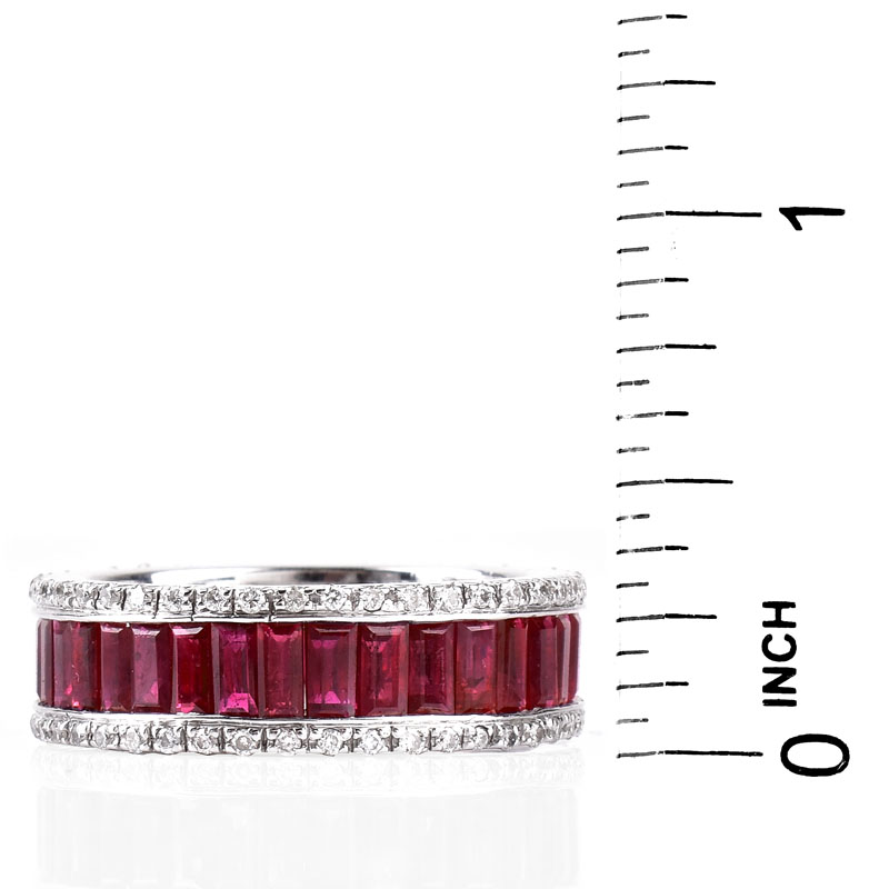 Approx. 3.0 Carat Baguette Cut Ruby, 1.25 Carat Round Brilliant Cut Diamond and 18 Karat White Gold Eternity Band.