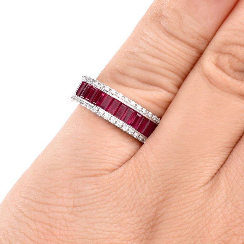 Approx. 3.0 Carat Baguette Cut Ruby, 1.25 Carat Round Brilliant Cut Diamond and 18 Karat White Gold Eternity Band.