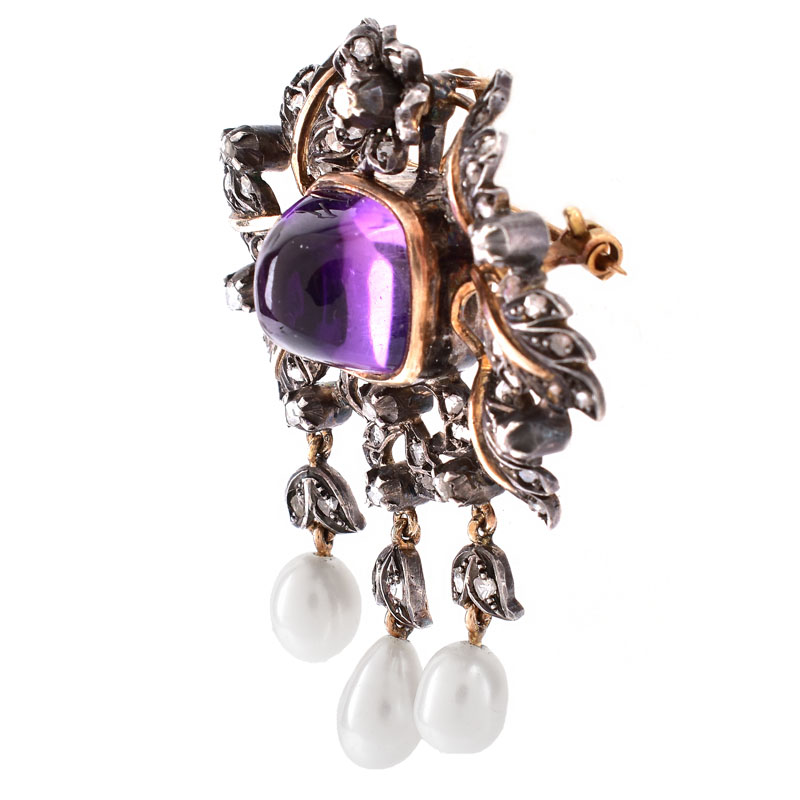 Antique Rose Cut Diamond, Sugarloaf Cabochon Amethyst, Baroque Pearl and Silver Topped 14 Karat Yellow Gold Brooch.