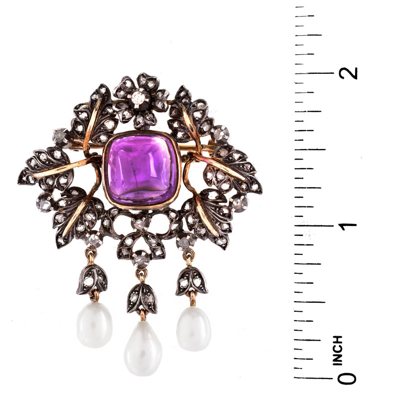 Antique Rose Cut Diamond, Sugarloaf Cabochon Amethyst, Baroque Pearl and Silver Topped 14 Karat Yellow Gold Brooch.