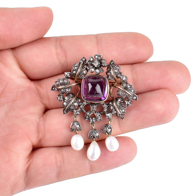 Antique Rose Cut Diamond, Sugarloaf Cabochon Amethyst, Baroque Pearl and Silver Topped 14 Karat Yellow Gold Brooch.