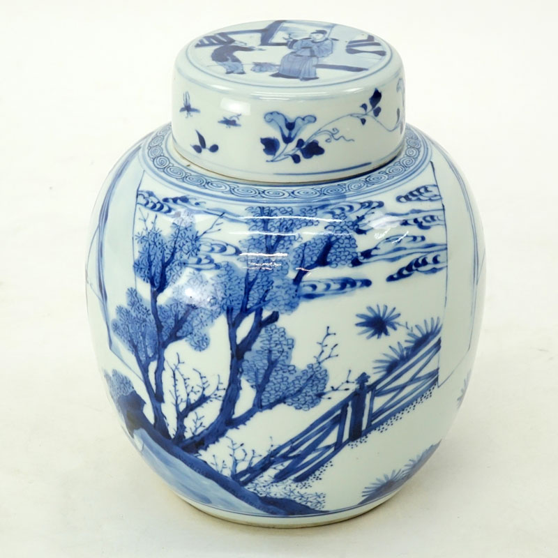 19th Century Kangxi Chinese Blue And White Figural Covered Ginger Jar. Signed.