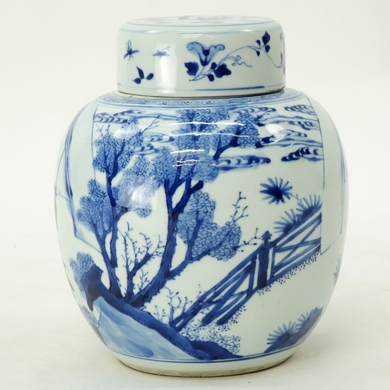 19th Century Kangxi Chinese Blue And White Figural Covered Ginger Jar. Signed.