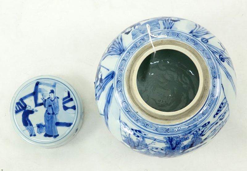 19th Century Kangxi Chinese Blue And White Figural Covered Ginger Jar. Signed.