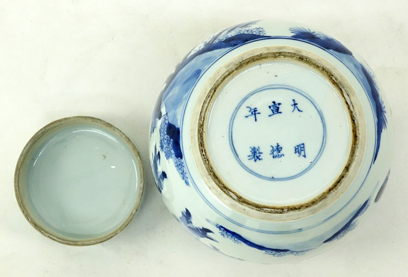19th Century Kangxi Chinese Blue And White Figural Covered Ginger Jar. Signed.